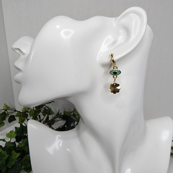 Gold Filled Huggie Evil Eye Dangle Earrings - Picture 5 of 7